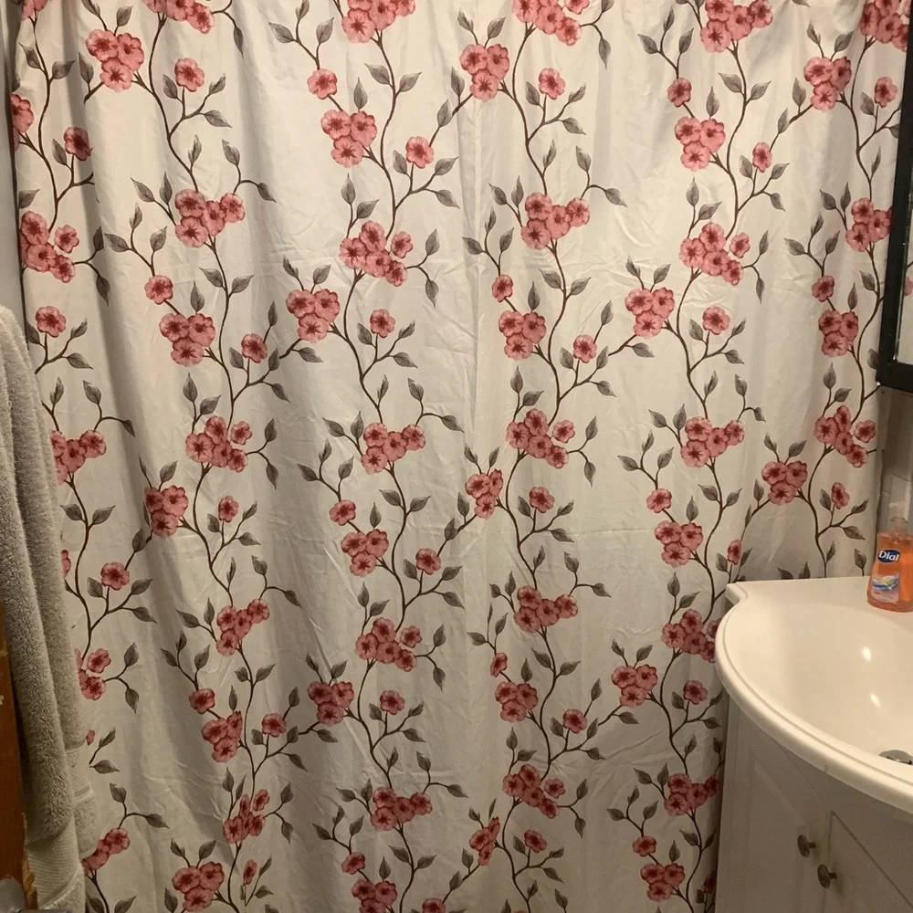 Pink Flower Pattern Fabric Shower Curtain Spring
